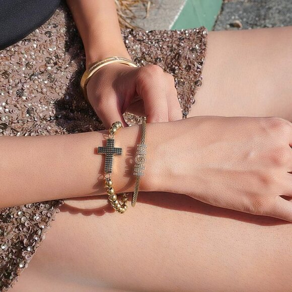 Gold Stainless Steel Cable Wire Bangle for Women with Cubic Zirconia - Stylish M - Picture 3 of 7